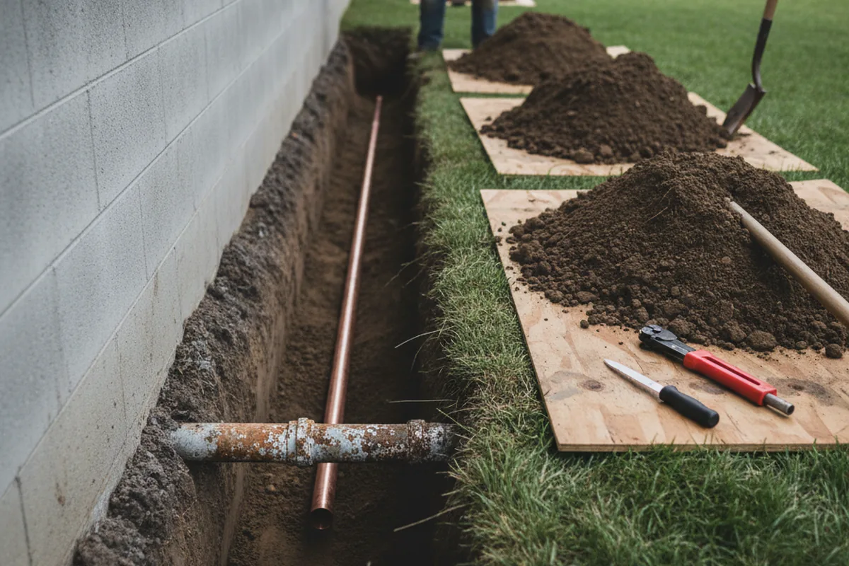 Excavated water line trench during Water Heater Repair in Cedar Crest